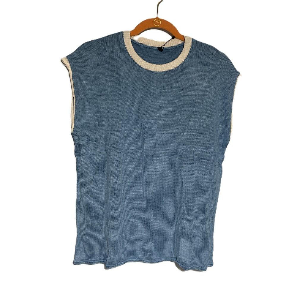 Etcyy Medium Blue White Knit Sweater Vest Top